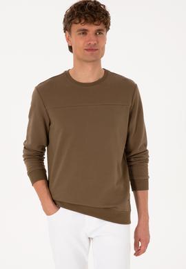 Erkek Bisiklet Yaka Regular Fit Haki İnce Sweatshirt - 50315455059