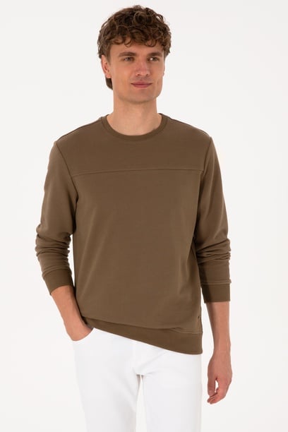Erkek Bisiklet Yaka Regular Fit Haki İnce Sweatshirt