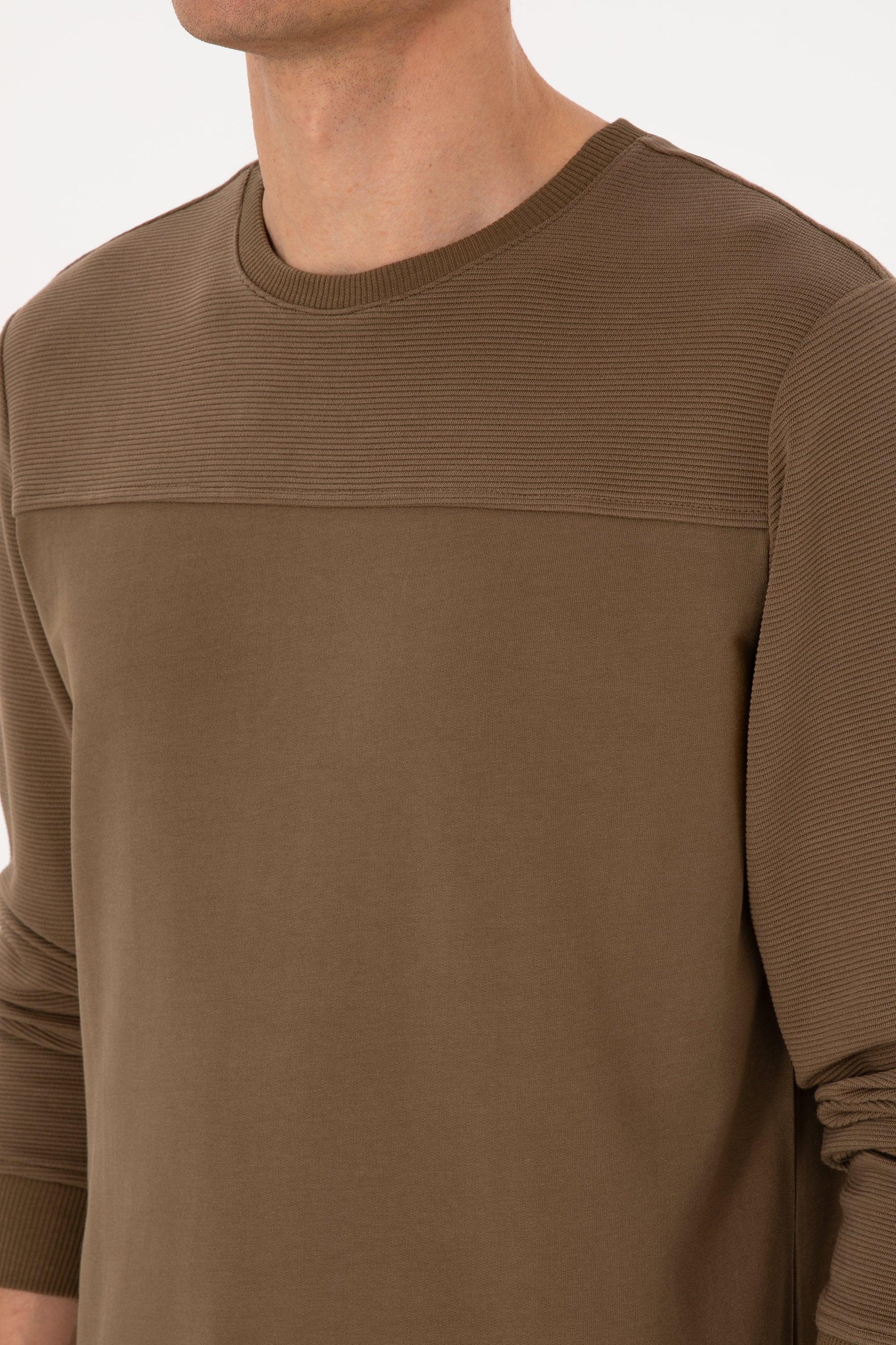 Erkek Bisiklet Yaka Regular Fit Haki İnce Sweatshirt