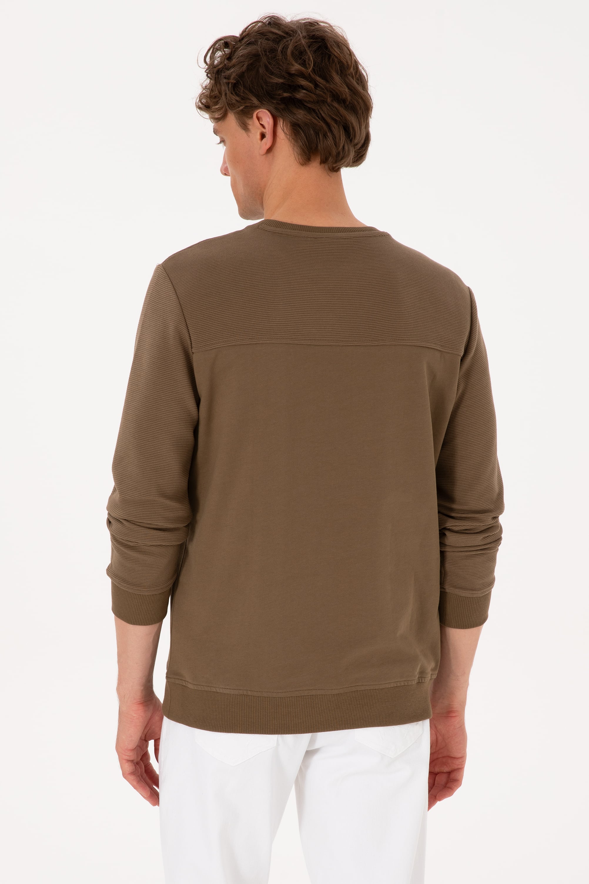 Erkek Bisiklet Yaka Regular Fit Haki İnce Sweatshirt