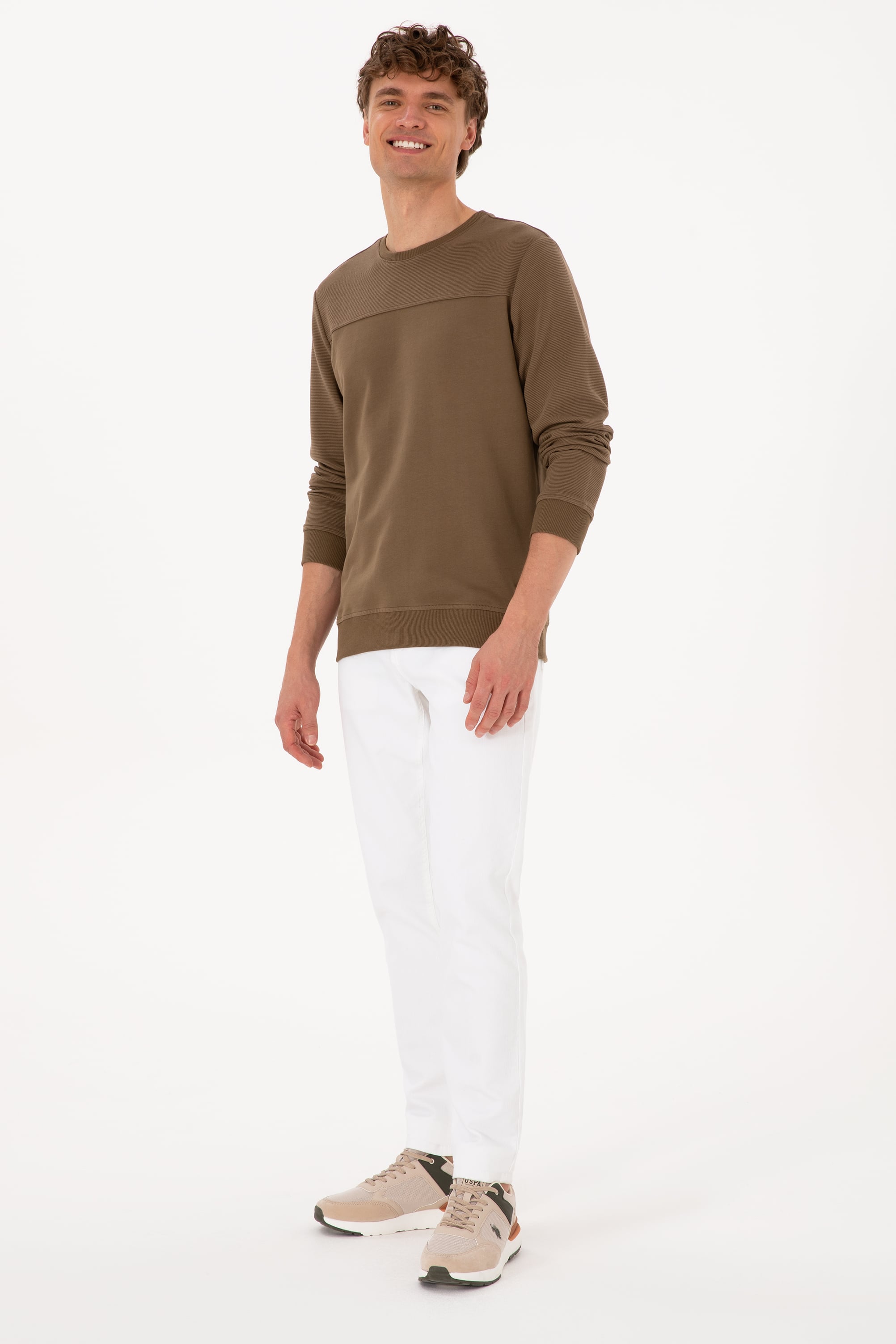 Erkek Bisiklet Yaka Regular Fit Haki İnce Sweatshirt