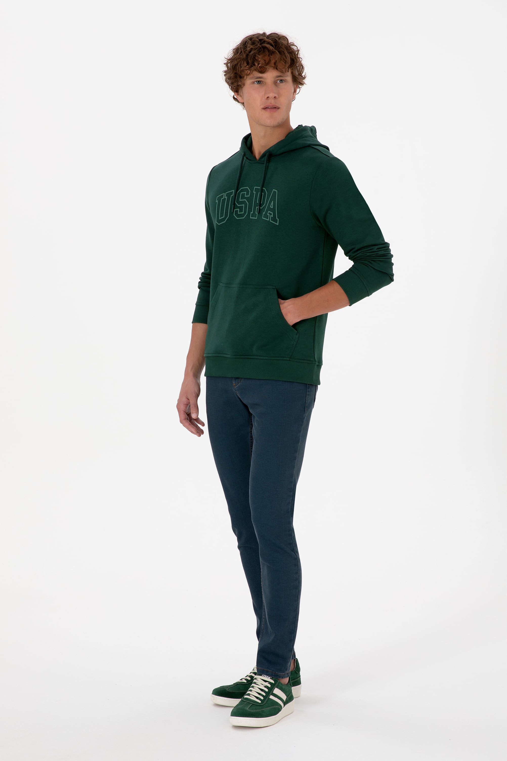 Erkek Regular Fit Kapüşonlu Koyu Yeşil Basic Sweatshirt - Image 4
