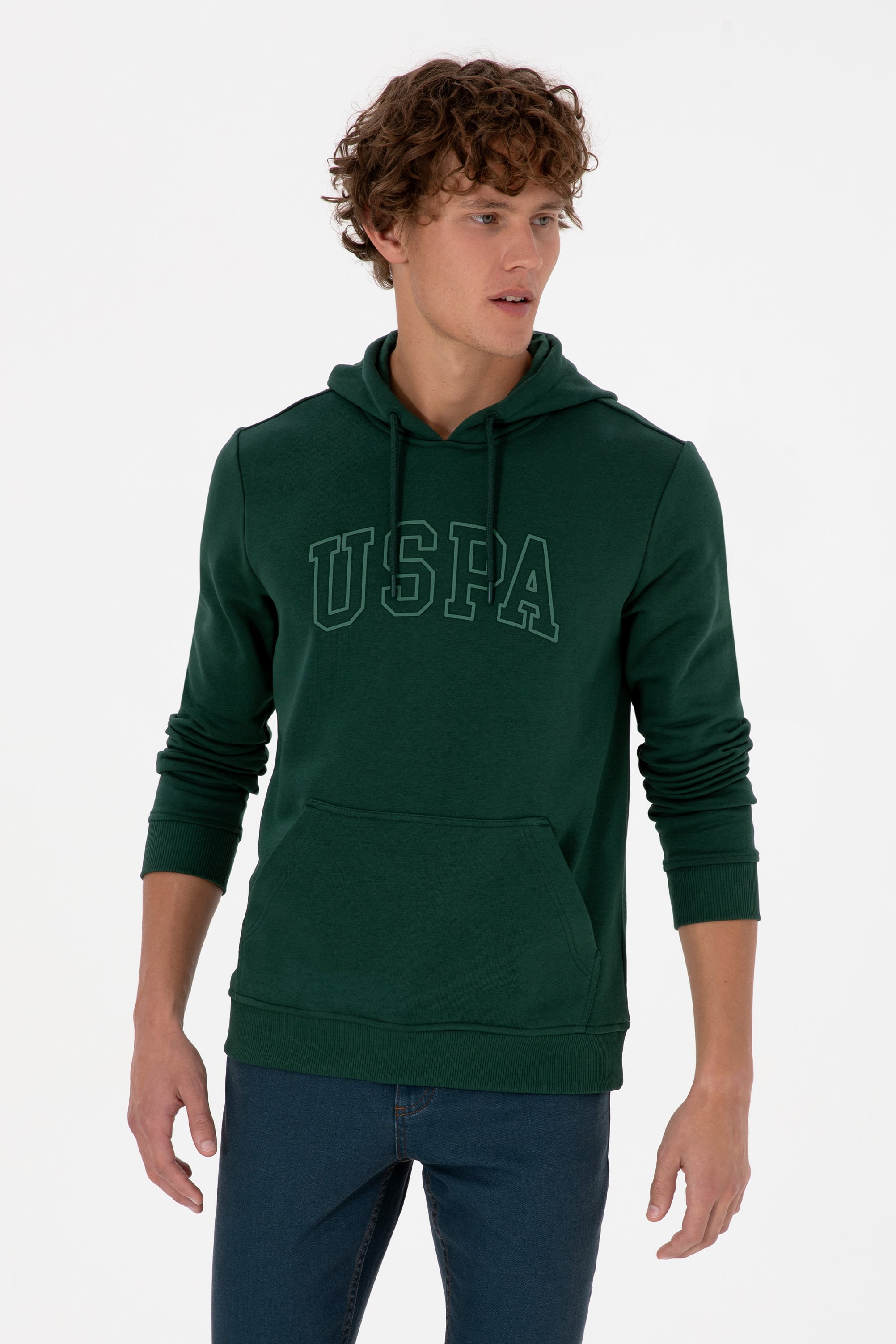Erkek Regular Fit Kapüşonlu Koyu Yeşil Basic Sweatshirt