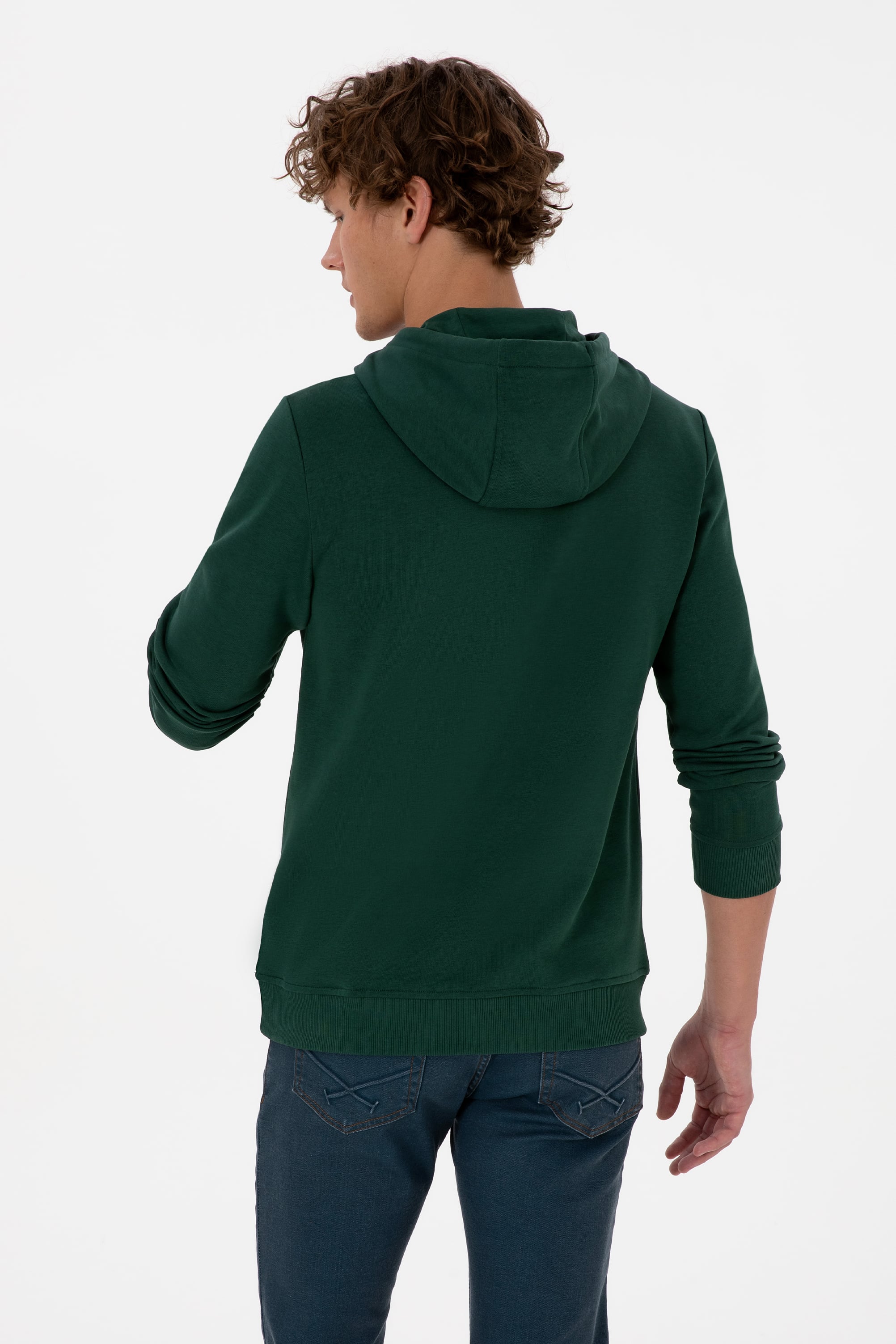 Erkek Regular Fit Kapüşonlu Koyu Yeşil Basic Sweatshirt