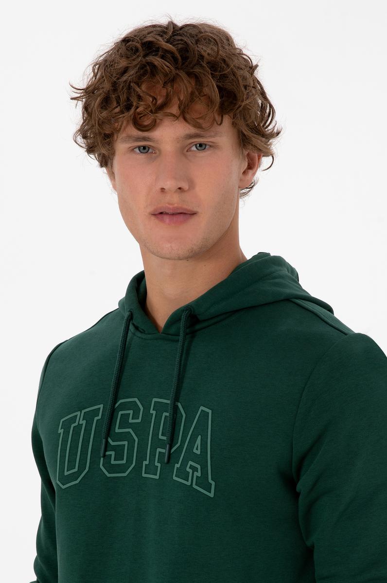 Erkek Regular Fit Kapüşonlu Koyu Yeşil Basic Sweatshirt