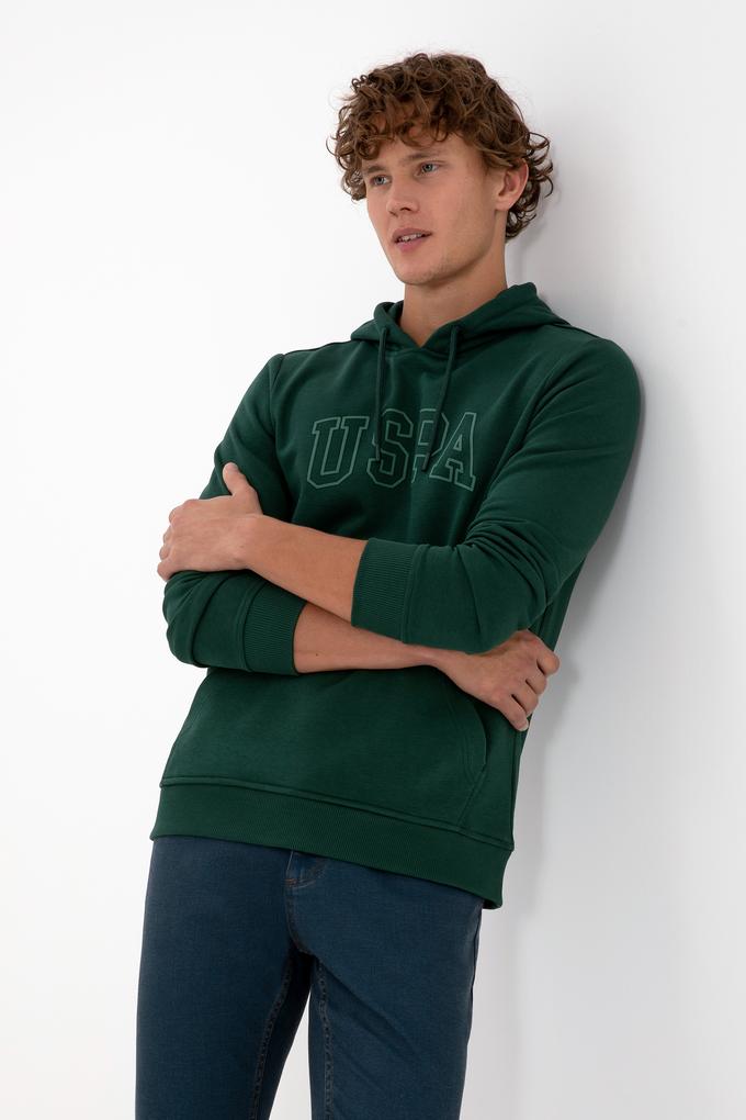 Erkek Regular Fit Kapüşonlu Koyu Yeşil Basic Sweatshirt