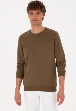 Erkek Bisiklet Yaka Regular Fit Haki İnce Sweatshirt - 50315455059
