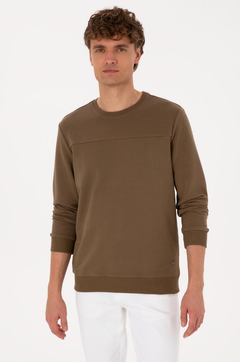 Erkek Bisiklet Yaka Regular Fit Haki İnce Sweatshirt