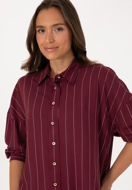 Kadın Bordo Çizgili Uzun Kollu Gömlek - 50308768012