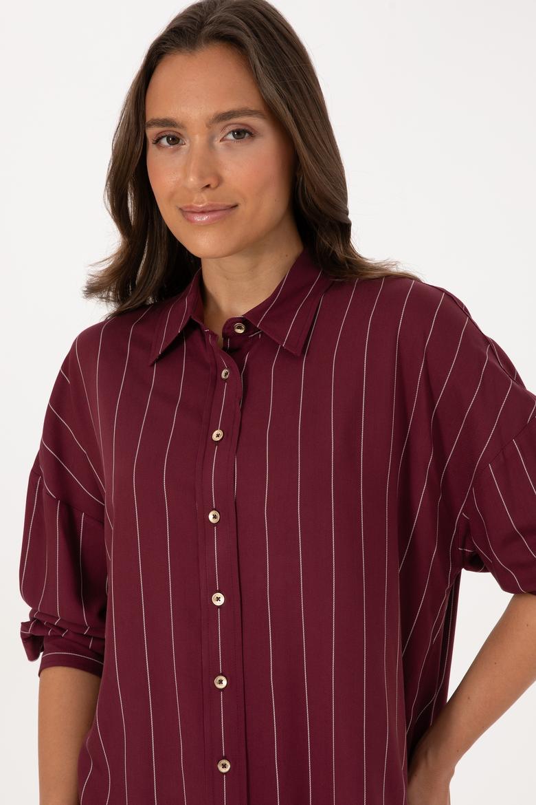 Kadın Bordo Çizgili Uzun Kollu Gömlek - 50308768012