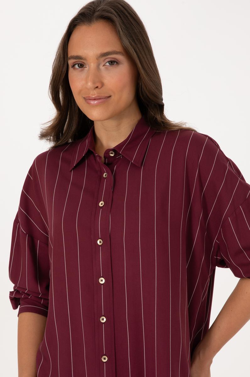 Kadın Bordo Çizgili Uzun Kollu Gömlek