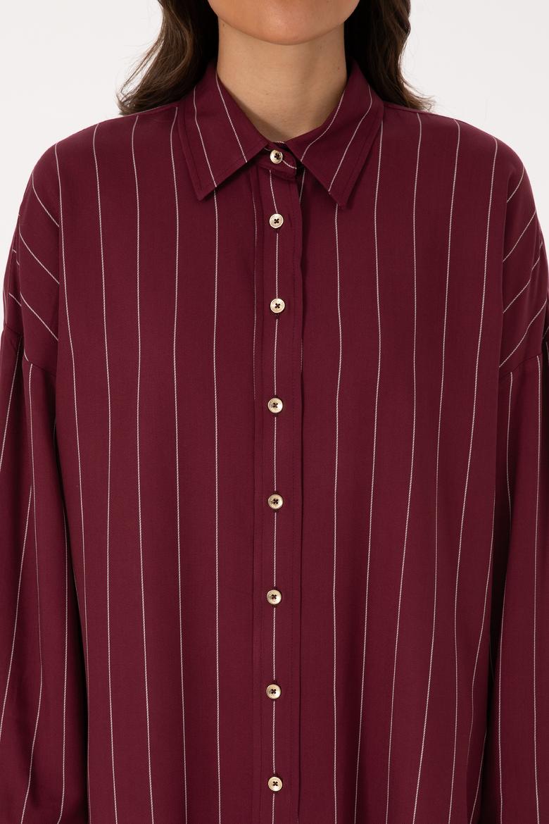 Kadın Bordo Çizgili Uzun Kollu Gömlek - 50308768012