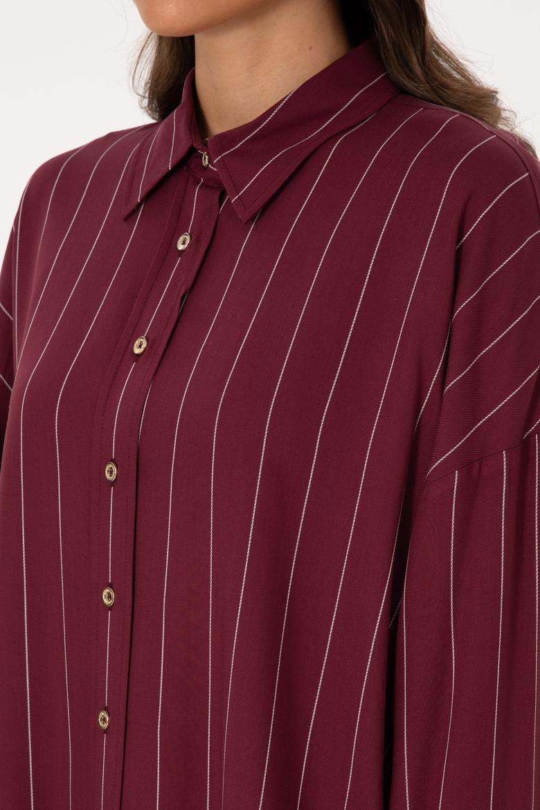 Kadın Bordo Çizgili Uzun Kollu Gömlek - 50308768012