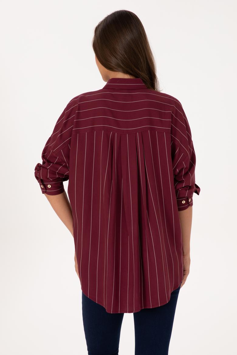 Kadın Bordo Çizgili Uzun Kollu Gömlek - 50308768012