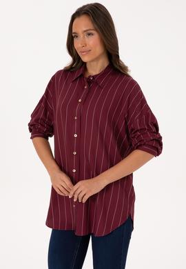 Kadın Bordo Çizgili Uzun Kollu Gömlek - 50308768012