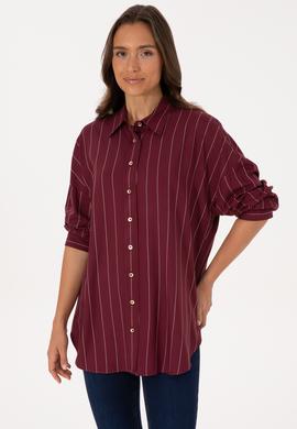 Kadın Bordo Çizgili Uzun Kollu Gömlek - 50308768012