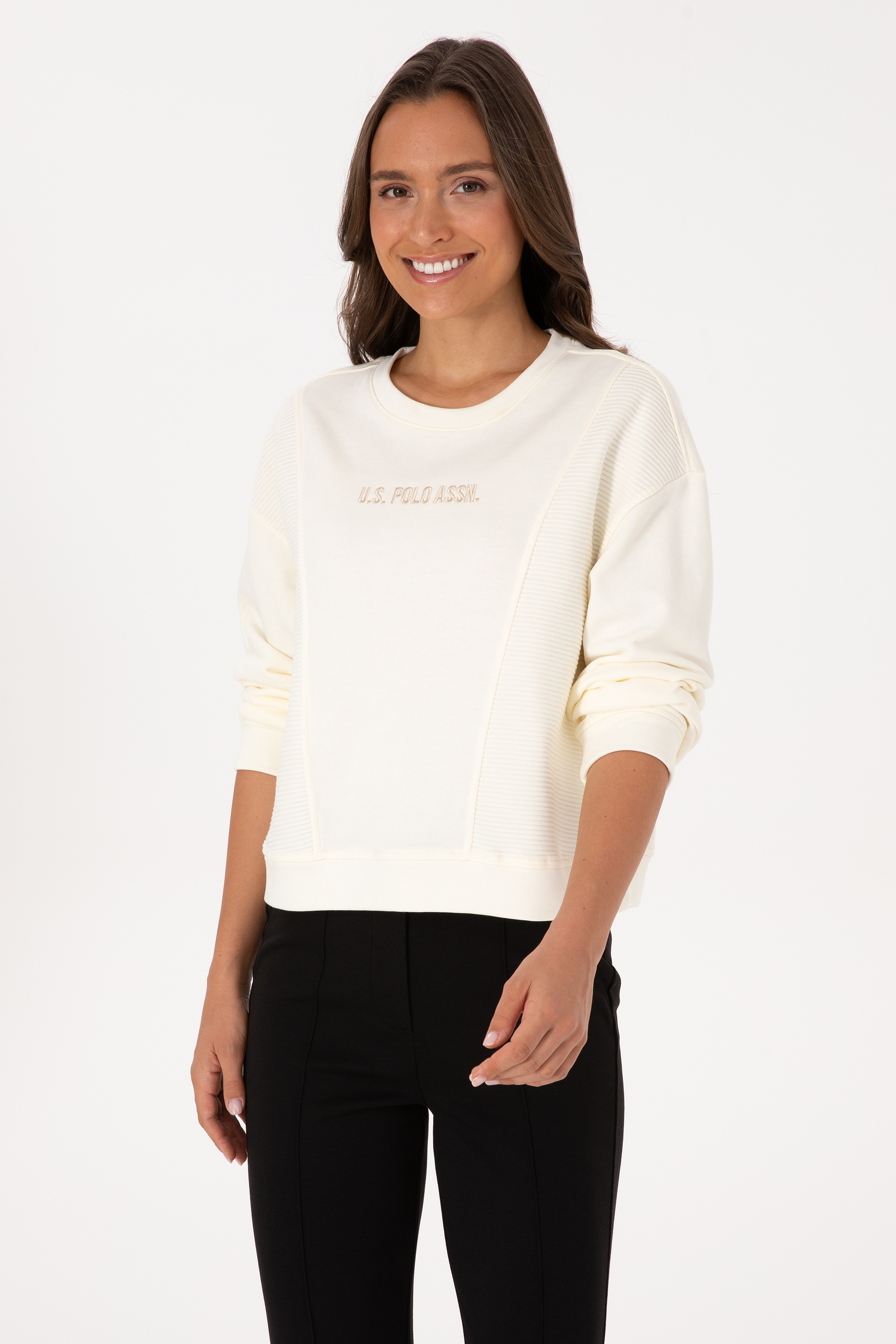 Kadın Krem Bisiklet Yaka Sweatshirt - Image 3