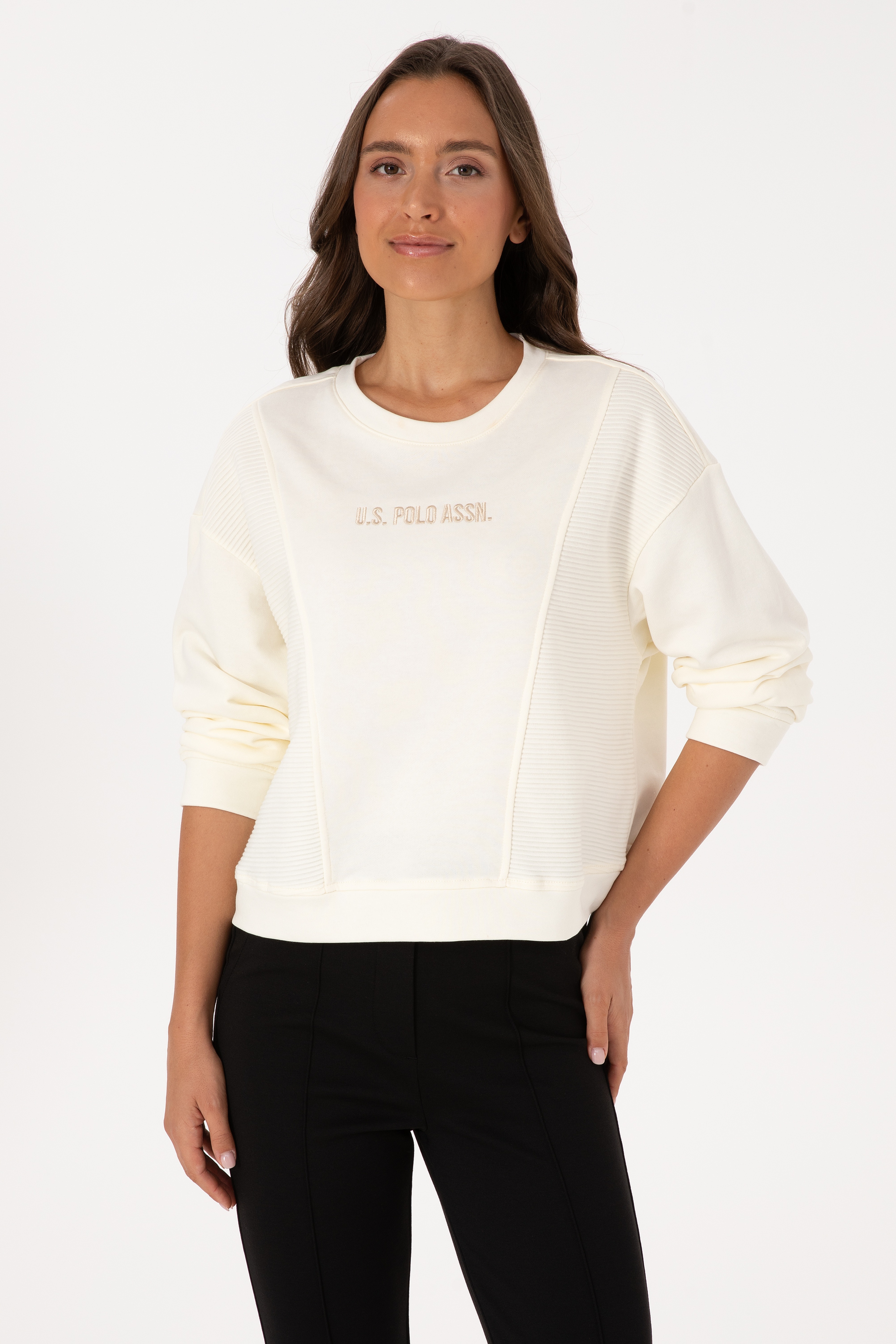 Kadın Krem Bisiklet Yaka Sweatshirt - Image 1