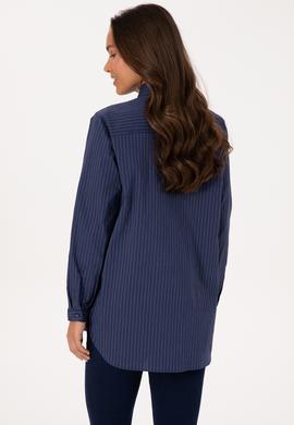 Kadın İndigo Uzun Kollu Çizgili Gömlek - 50316387021