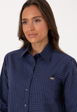 Kadın İndigo Uzun Kollu Çizgili Gömlek - 50316387021