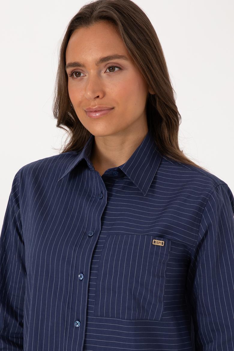 Kadın İndigo Uzun Kollu Çizgili Gömlek - 50316387021