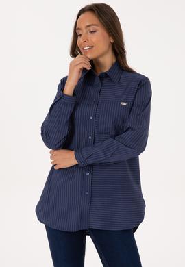 Kadın İndigo Uzun Kollu Çizgili Gömlek - 50316387021
