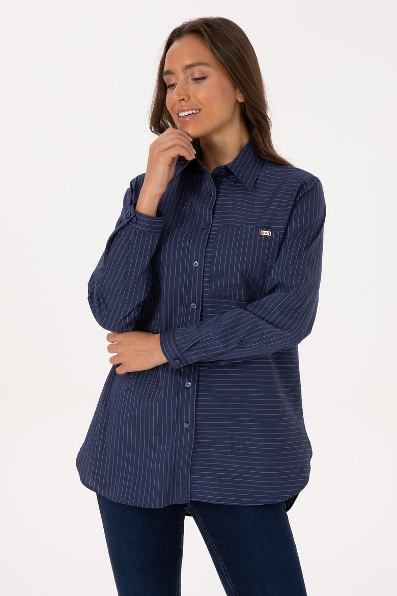 Kadın İndigo Uzun Kollu Çizgili Gömlek - 50316387021