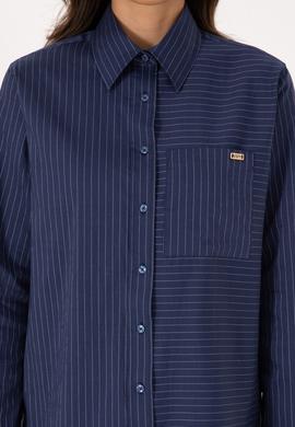 Kadın İndigo Uzun Kollu Çizgili Gömlek - 50316387021