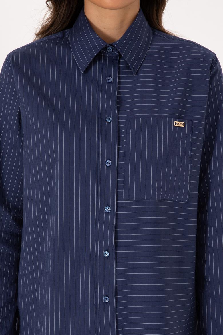Kadın İndigo Uzun Kollu Çizgili Gömlek - 50316387021