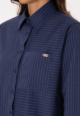 Kadın İndigo Uzun Kollu Çizgili Gömlek - 50316387021