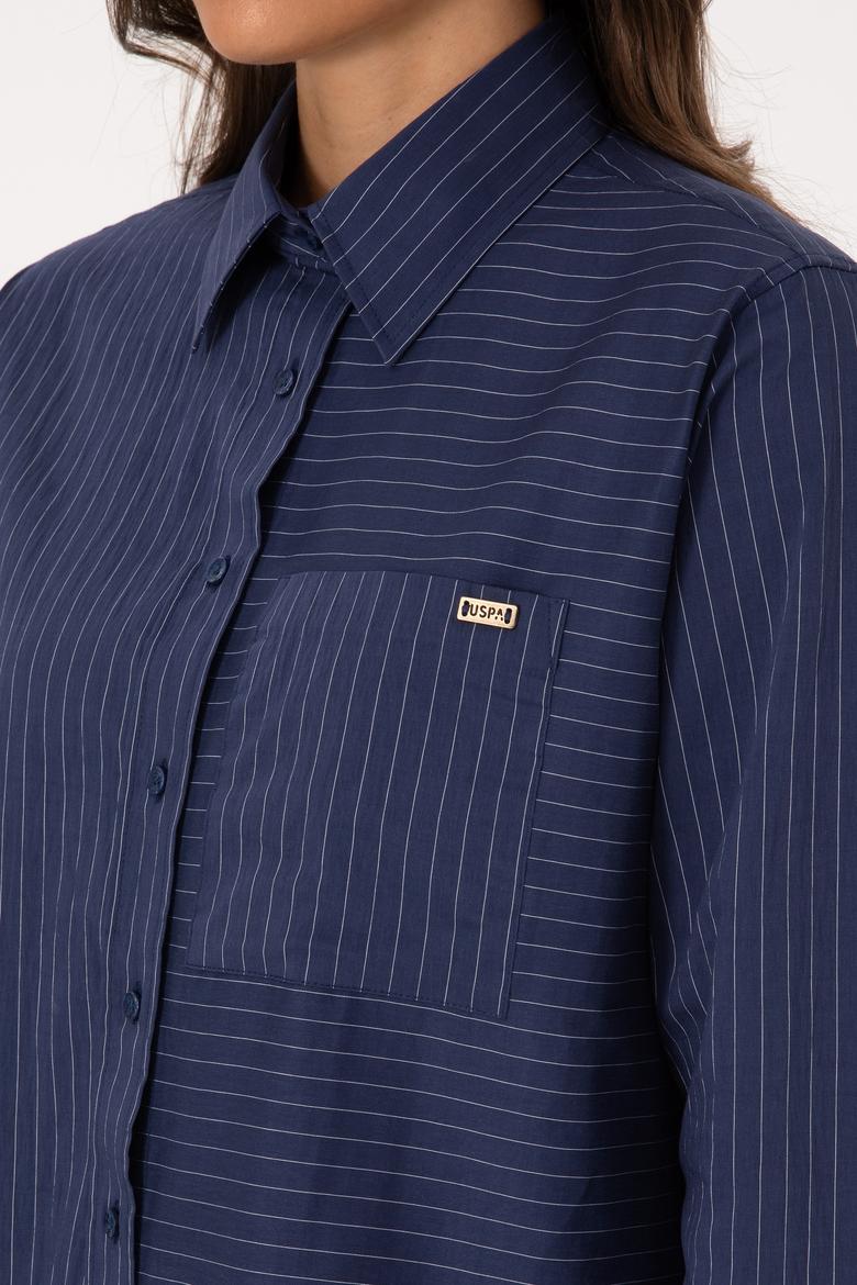 Kadın İndigo Uzun Kollu Çizgili Gömlek - 50316387021