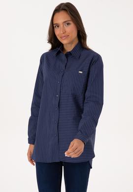 Kadın İndigo Uzun Kollu Çizgili Gömlek - 50316387021