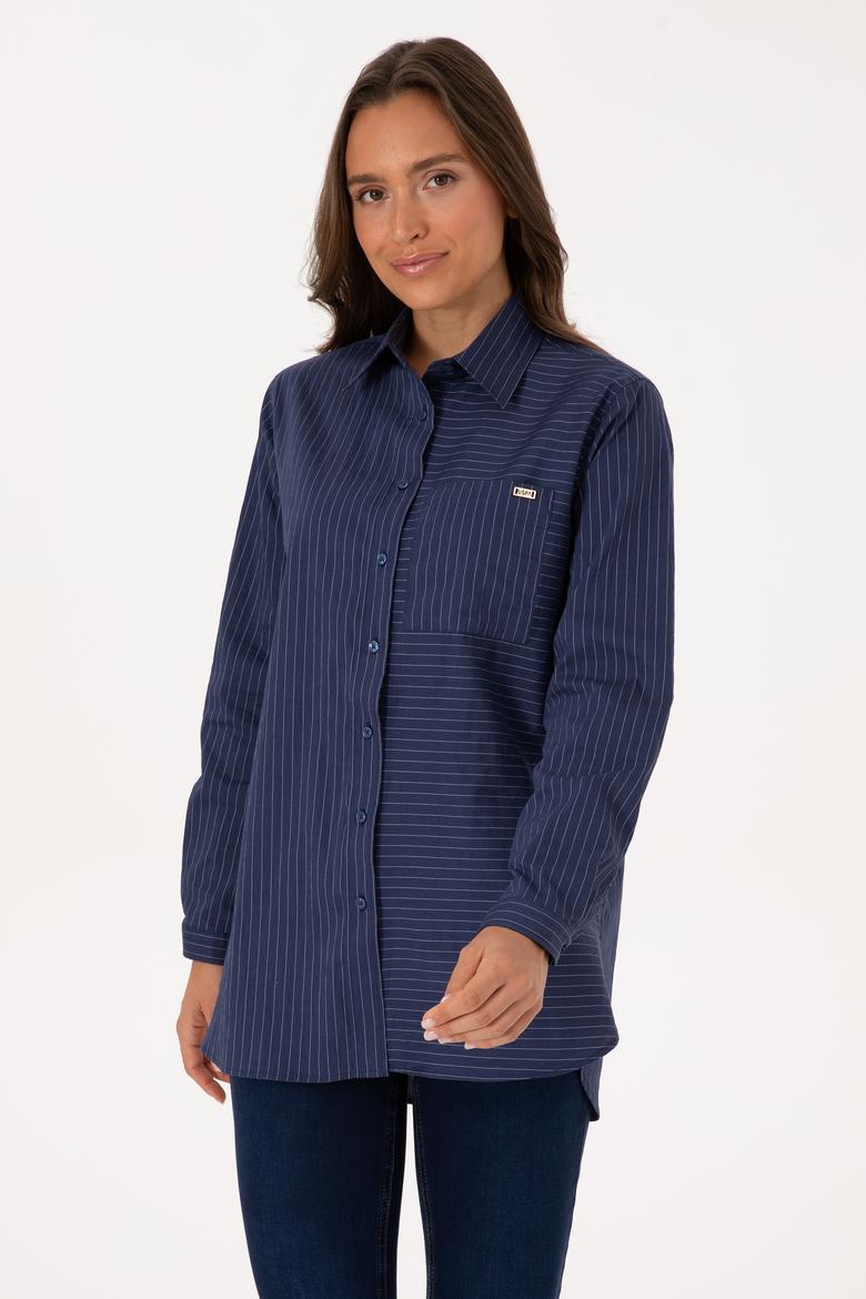 Kadın İndigo Uzun Kollu Çizgili Gömlek