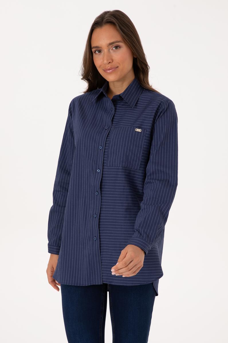 Kadın İndigo Uzun Kollu Çizgili Gömlek