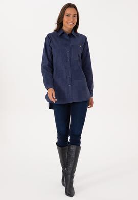Kadın İndigo Uzun Kollu Çizgili Gömlek - 50316387021
