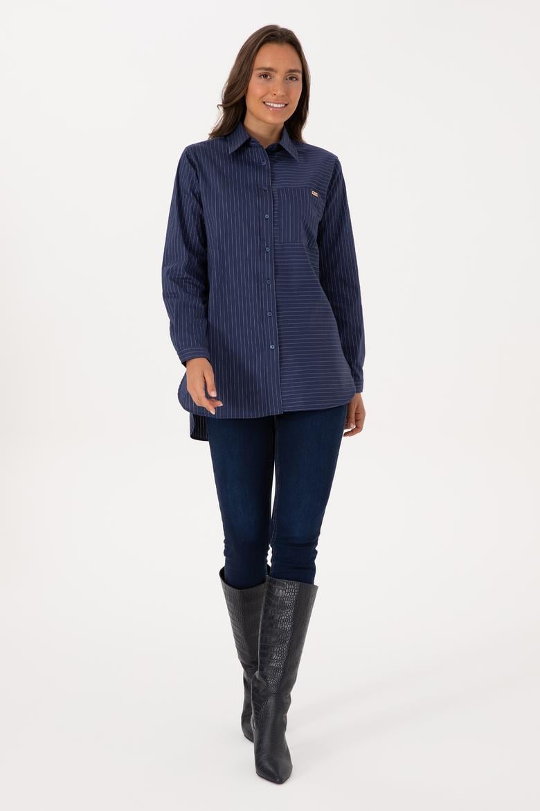 Kadın İndigo Uzun Kollu Çizgili Gömlek - 50316387021