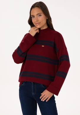 Kadın Bordo Balıkçı Yaka Çizgili Kazak - 50314666010