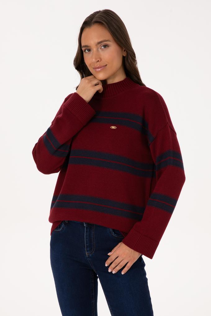 Kadın Bordo Balıkçı Yaka Çizgili Kazak