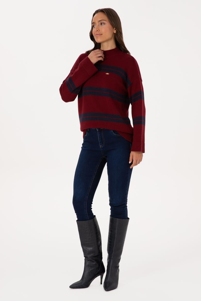 Kadın Bordo Balıkçı Yaka Çizgili Kazak - 50314666010