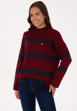 Kadın Bordo Balıkçı Yaka Çizgili Kazak - 50314666010