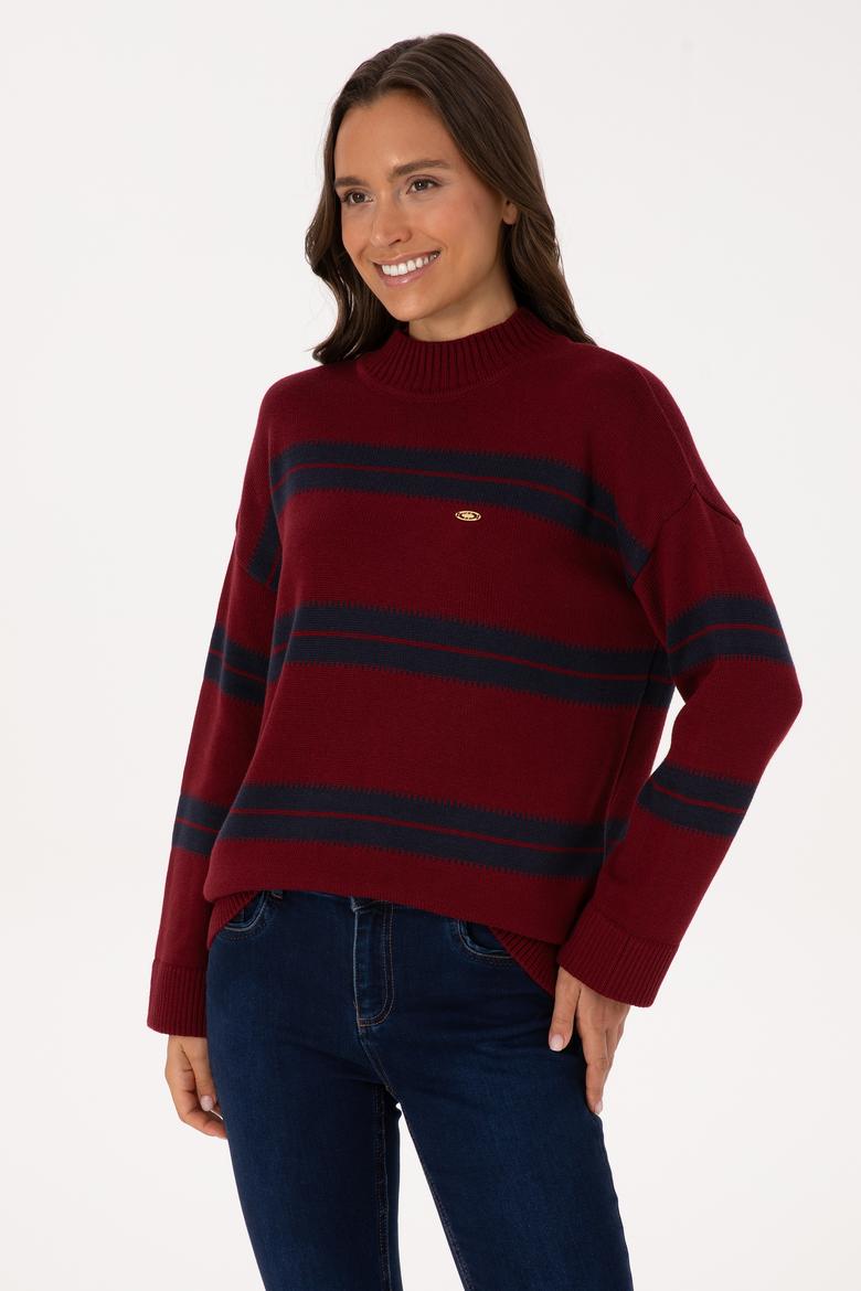 Kadın Bordo Balıkçı Yaka Çizgili Kazak - 50314666010