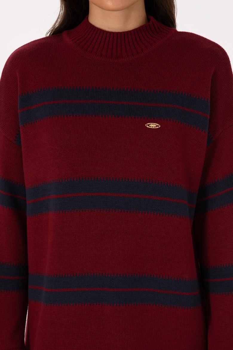 Kadın Bordo Balıkçı Yaka Çizgili Kazak - 50314666010