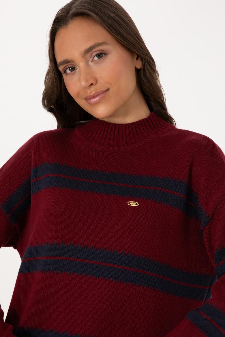 Kadın Bordo Balıkçı Yaka Çizgili Kazak - 50314666010