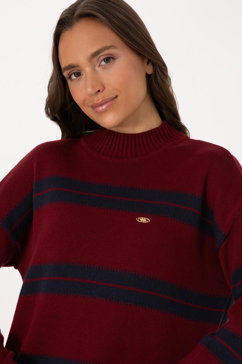 Kadın Bordo Balıkçı Yaka Çizgili Kazak