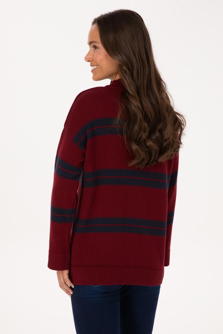 Kadın Bordo Balıkçı Yaka Çizgili Kazak - 50314666010