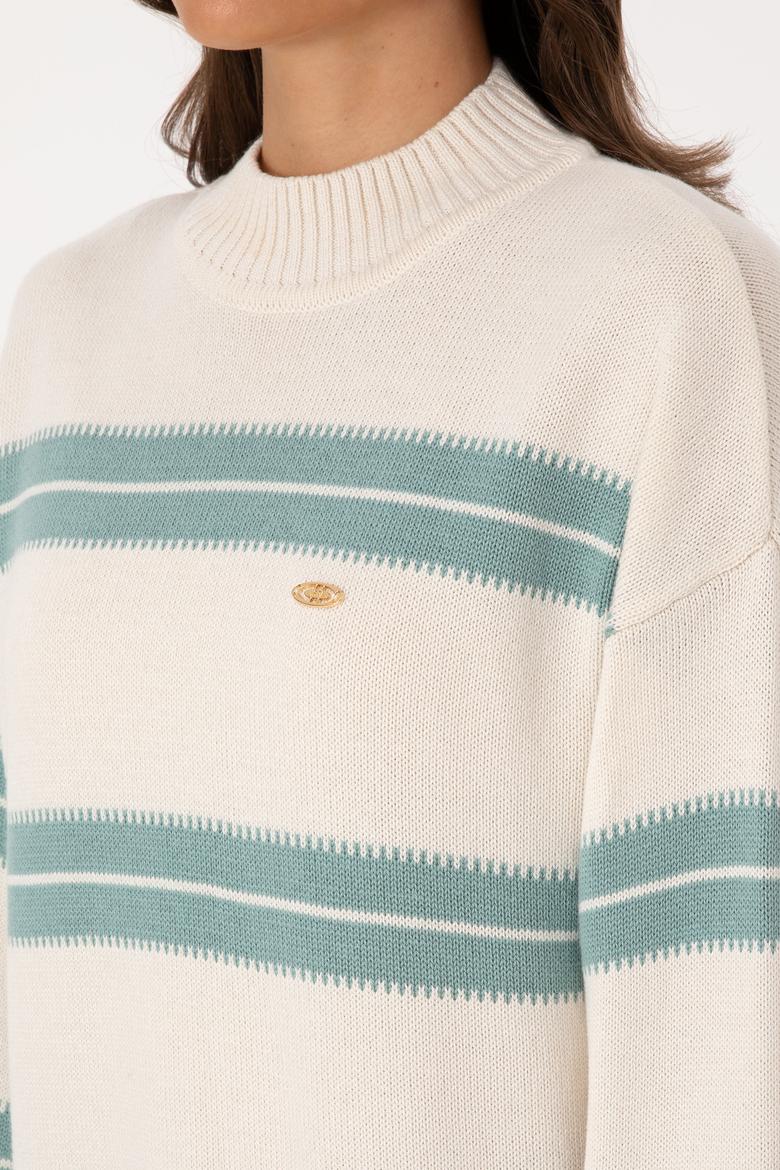 Kadın Krem Balıkçı Yaka Çizgili Kazak - 50314666004