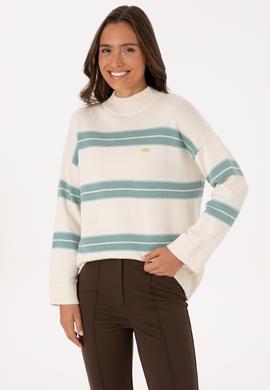 Kadın Krem Balıkçı Yaka Çizgili Kazak - 50314666004