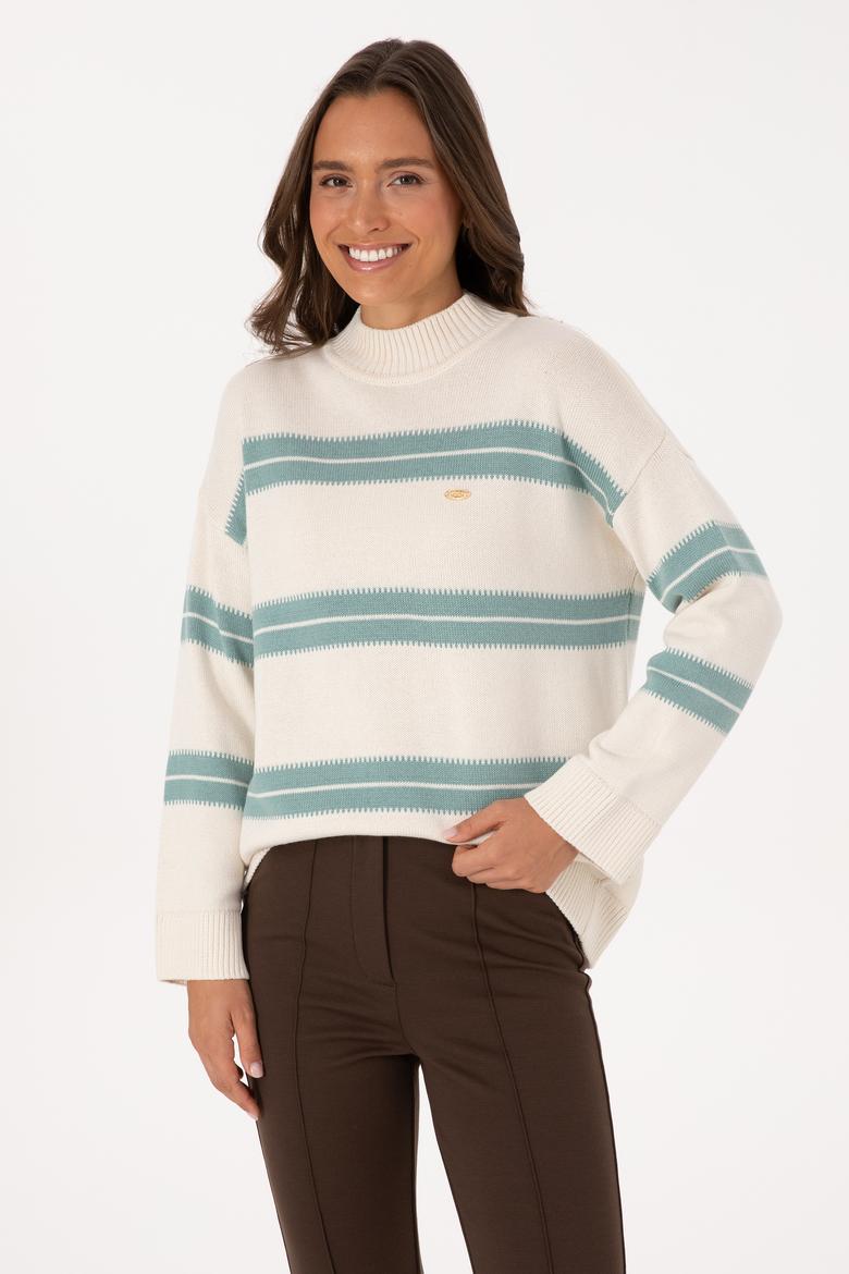 Kadın Krem Balıkçı Yaka Çizgili Kazak - 50314666004