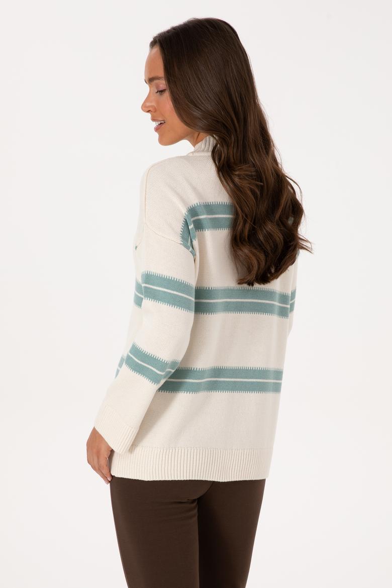 Kadın Krem Balıkçı Yaka Çizgili Kazak - 50314666004