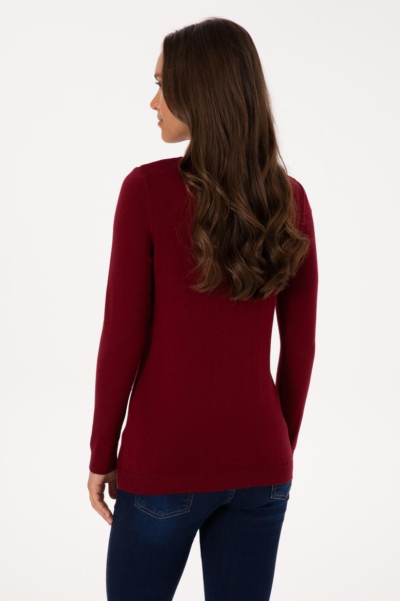 Kadın Bordo V Yaka Basic Kazak - 50307712006